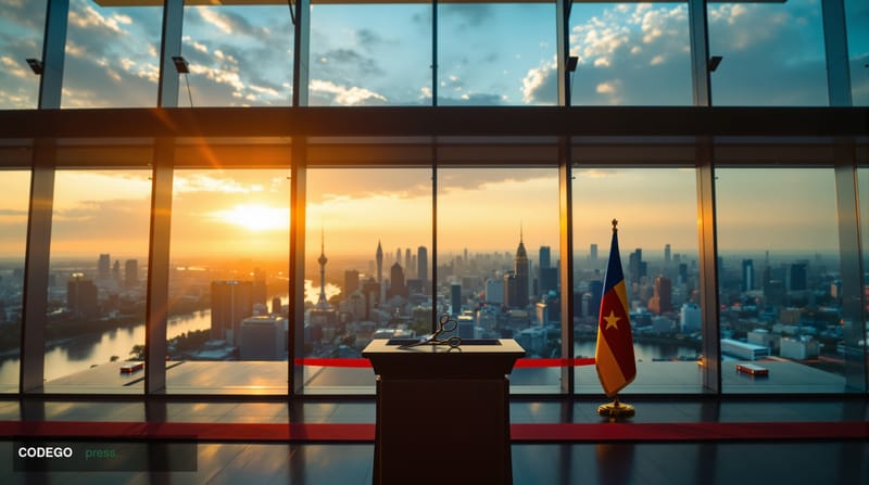 A cinematic editorial photograph of a newly inaugurated trading floor inside a modern financial building in Kinshasa, Democra