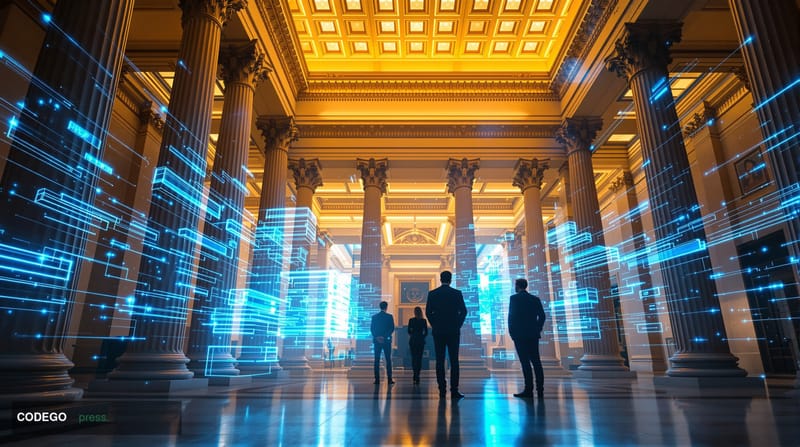 A dramatic cinematic editorial photograph set inside a grand neoclassical financial institution resembling the DTCC's New Yor