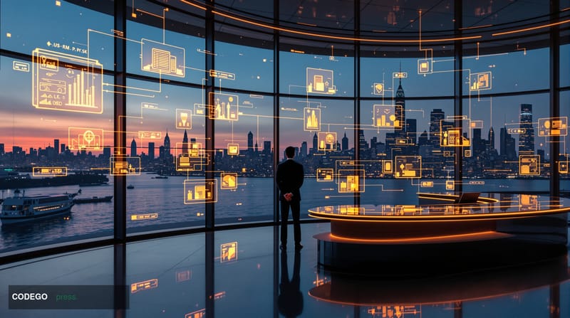 A dramatic cinematic editorial photograph set inside a modernist financial clearing house, with the DTCC's Lower Manhattan he
