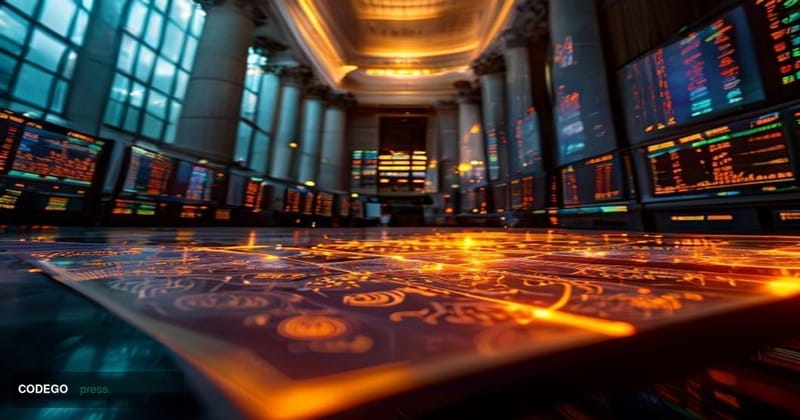 A cinematic editorial photograph set inside a monumental financial institution trading floor, dominated by towering screens d