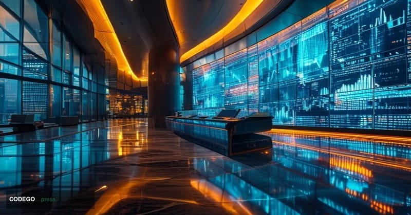 A cinematic editorial photograph set inside a grand, modernist financial exchange building — wide marble floors reflecting dr