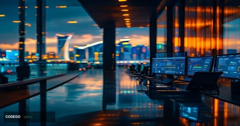A cinematic editorial photograph set in a modern Singapore financial district at dusk, with the Marina Bay skyline softly blu