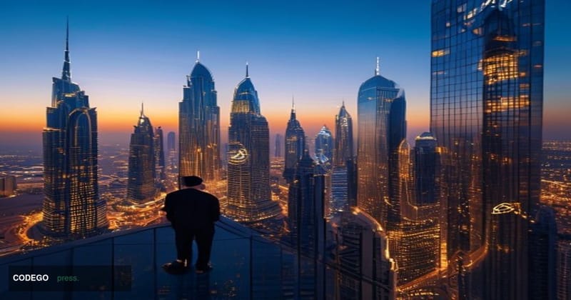 A sweeping cinematic aerial editorial photograph of Dubai's futuristic financial skyline at dusk, with the gleaming glass tow
