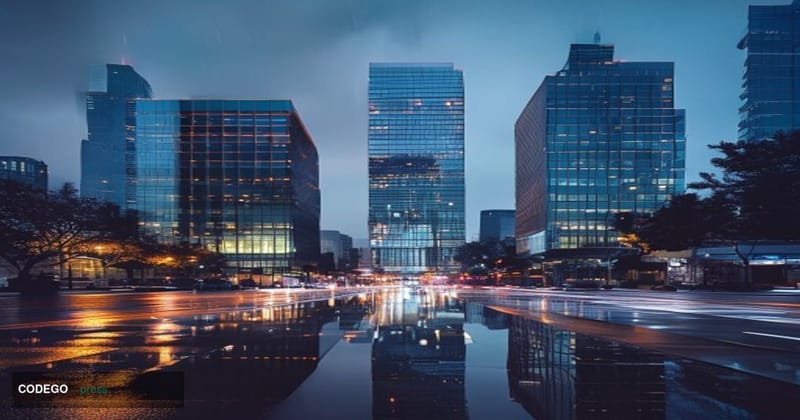 A cinematic editorial photograph set in Seoul's Gangnam financial district at dusk, with the illuminated glass towers of Sout