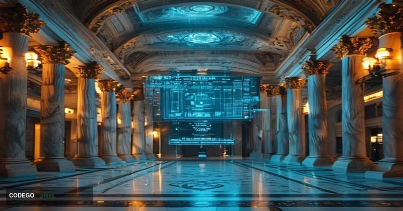 A cinematic editorial photograph of a grand, marble-clad traditional bank interior — think classical stone columns and ornate
