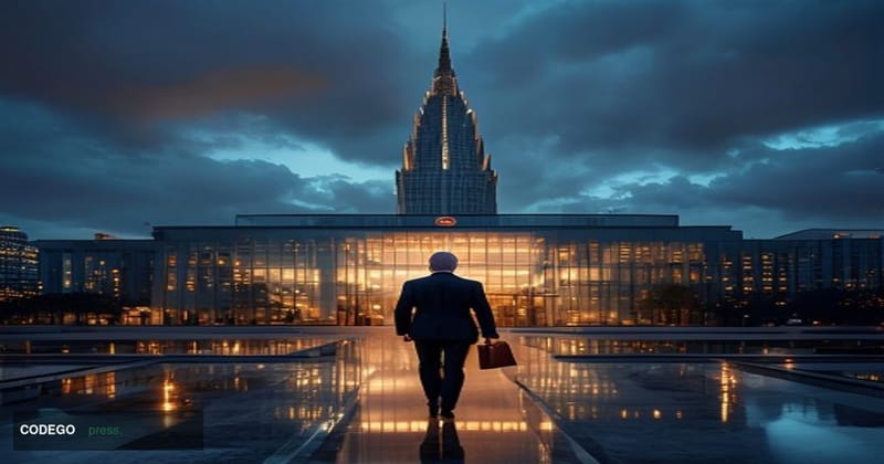 A cinematic editorial photograph of the European Central Bank's iconic headquarters tower in Frankfurt, Germany — the distinc