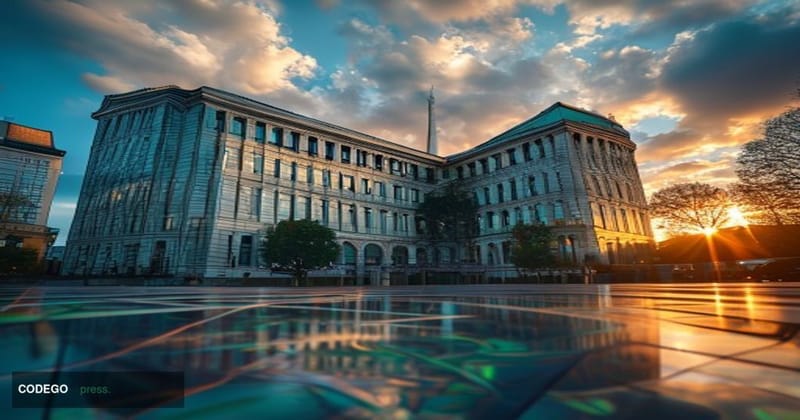 A photorealistic cinematic editorial photograph of the European Central Bank's iconic twin-tower headquarters in Frankfurt, G