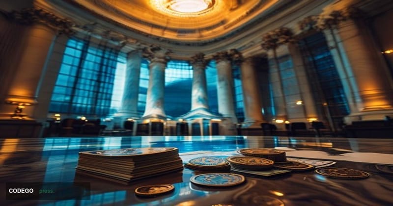 A cinematic editorial photograph set inside the grand neoclassical interior of the European Central Bank headquarters in Fran