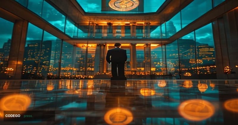 A dramatic photorealistic editorial photograph set inside the European Central Bank's iconic twin-tower headquarters in Frank