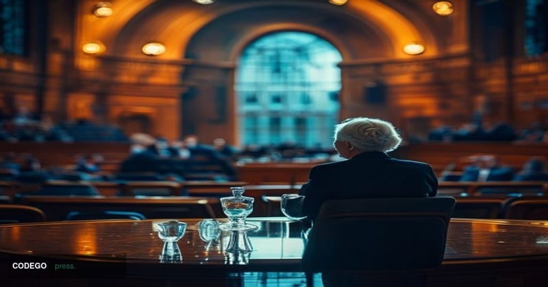 A cinematic editorial photograph set inside the European Parliament's Committee on Economic and Monetary Affairs hearing room