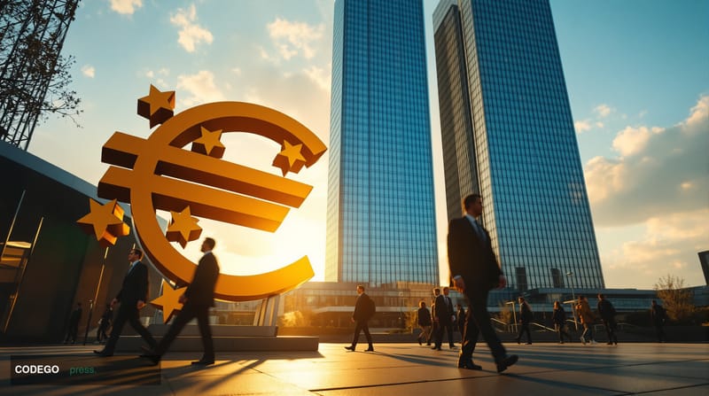 A cinematic editorial photograph set outside the European Central Bank's iconic twin-tower headquarters in Frankfurt, Germany