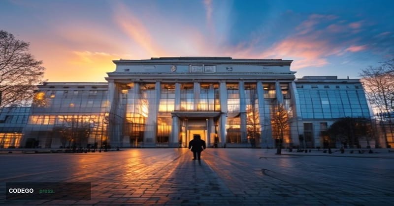 A photorealistic cinematic editorial photograph shot at the European Central Bank's iconic twin-tower headquarters in Frankfu
