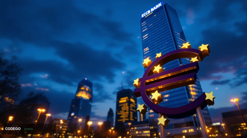 A cinematic photorealistic editorial photograph taken at the European Central Bank's iconic tower headquarters in Frankfurt, 