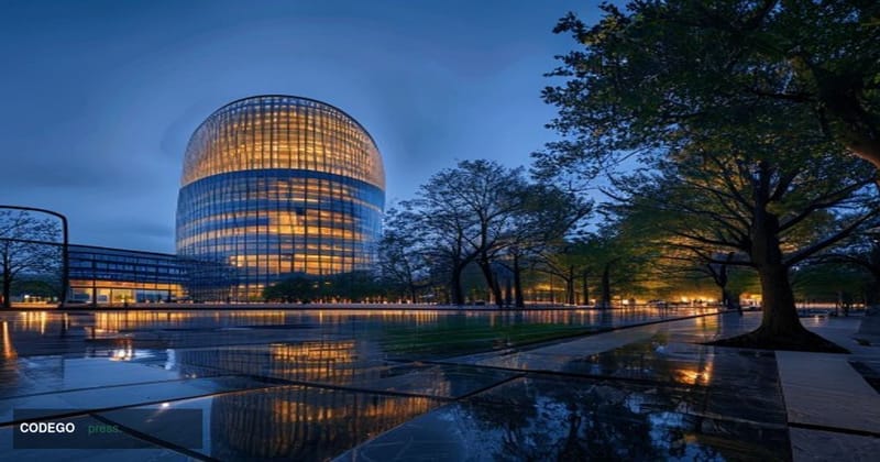 A dramatic wide-angle cinematic editorial photograph of the European Central Bank's iconic Frankfurt headquarters at dusk, it
