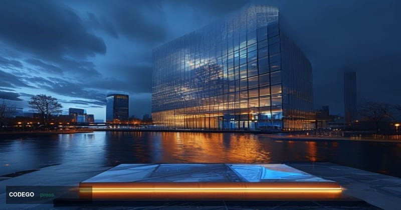 A photorealistic editorial photograph set inside the European Central Bank's towering glass-and-steel Frankfurt headquarters 