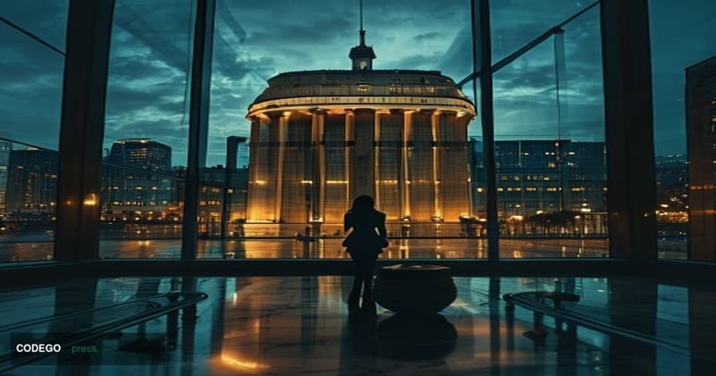 A photorealistic cinematic editorial photograph set inside the European Central Bank's iconic twin-tower headquarters in Fran