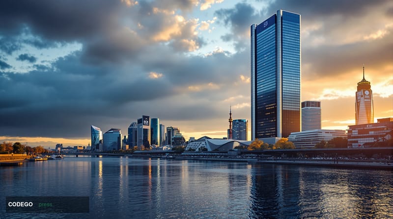 A grand, wide-angle exterior shot of the European Central Bank headquarters in Frankfurt, Germany — the iconic twin-tower sky