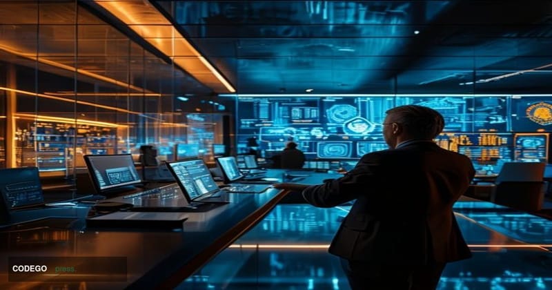 # Image Prompt:

A high-security command center within a modern European central bank headquarters, shot from a wide angle re