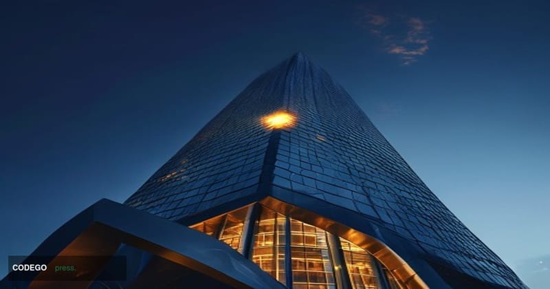 A photorealistic cinematic editorial photograph centered on the European Central Bank's imposing glass-and-steel headquarters
