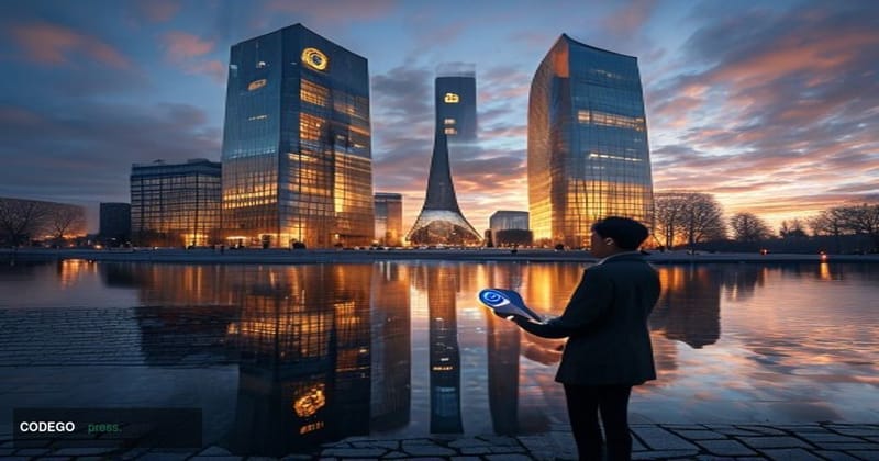 A dramatic photorealistic editorial photograph centered on the European Central Bank's iconic headquarters in Frankfurt, Germ