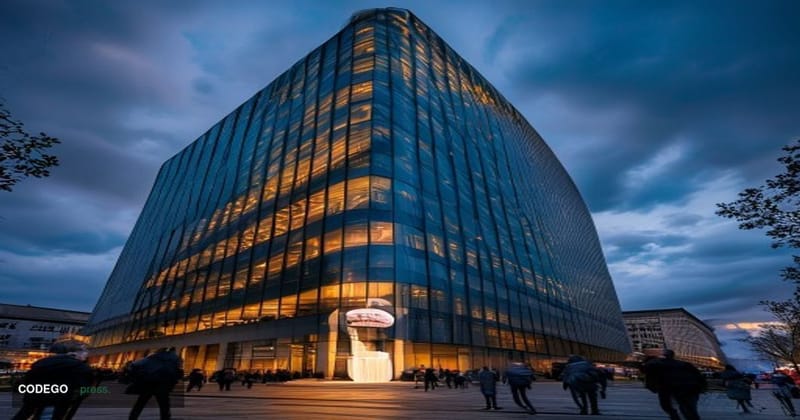 A photorealistic editorial photograph of the European Central Bank's iconic Frankfurt headquarters — the ECB tower's distinct