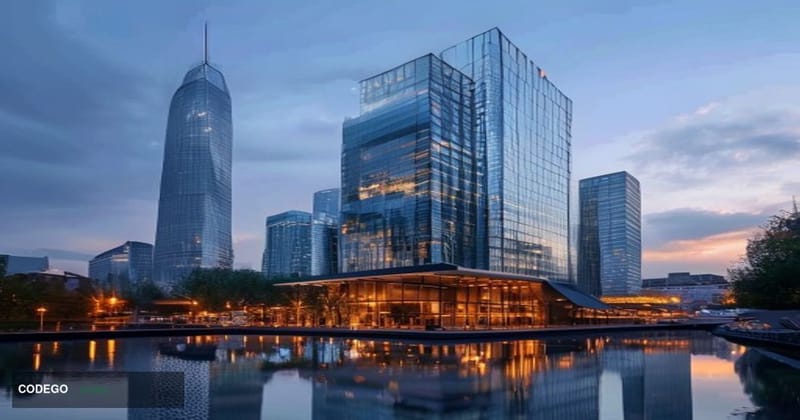 A cinematic editorial photograph of the European Central Bank's striking glass-and-steel headquarters in Frankfurt am Main, G