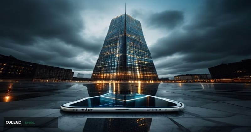 A dramatic photorealistic editorial photograph centered on the European Central Bank's iconic Frankfurt headquarters — the gl