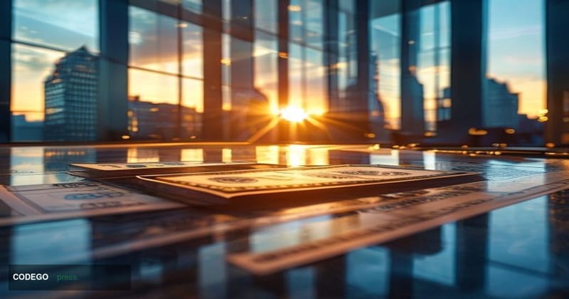 A photorealistic cinematic editorial photograph centered on a dramatic close-up of crisp euro banknotes fanned across a polis