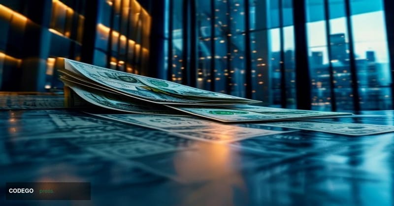 A cinematic editorial close-up of crisp euro banknotes fanned out on a dark marble surface inside what appears to be the Euro