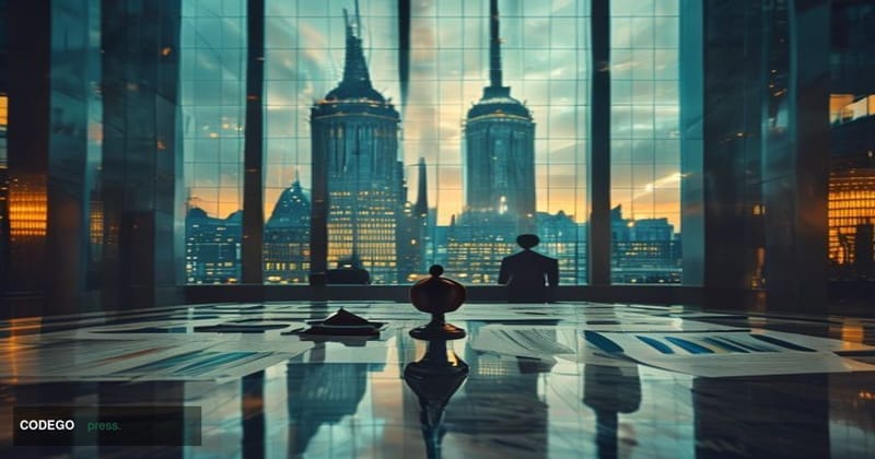A photorealistic editorial photograph set inside the grand atrium of the European Central Bank headquarters in Frankfurt, Ger