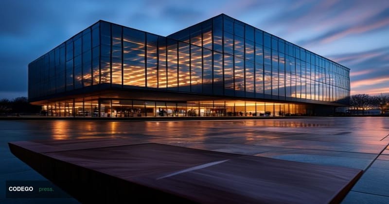 A dramatic editorial photograph of a modern European corporate headquarters building at dusk, representing a multinational fi