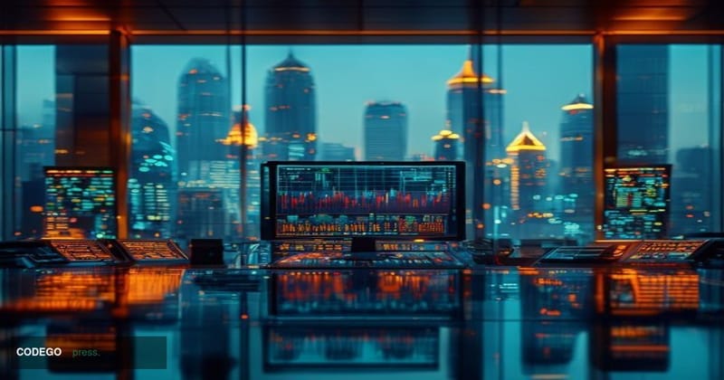 A dramatic cinematic editorial photograph of a sleek institutional trading floor bathed in cool blue and amber lighting, with