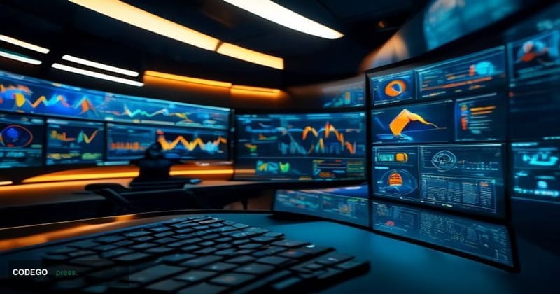 A cinematic editorial photograph set inside a sleek, dimly lit cryptocurrency compliance operations center with multiple curv