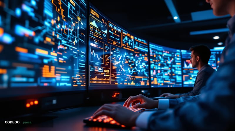 A cinematic editorial photograph set inside a modern financial compliance operations center, featuring large curved high-reso