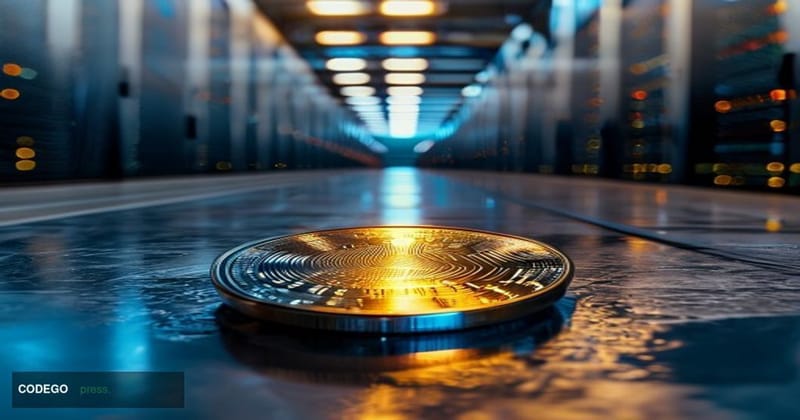 A dramatic cinematic editorial photograph split between two worlds: in the sharp foreground, a gleaming physical Bitcoin coin