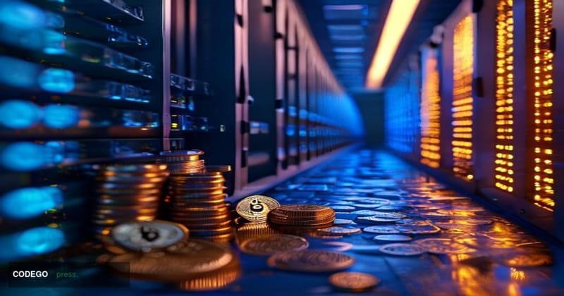 A dramatic cinematic editorial photograph set inside a cold, high-security Bitcoin treasury vault transitioning into a glowin