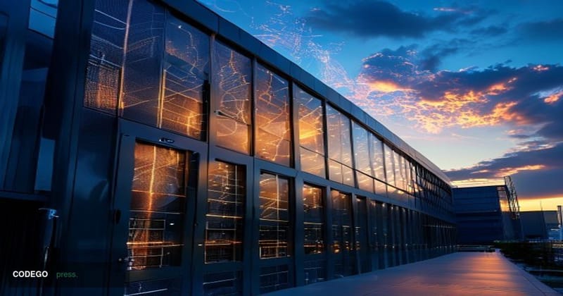 A dramatic cinematic editorial photograph taken at ground level looking up at a modern corporate data center facility exterio