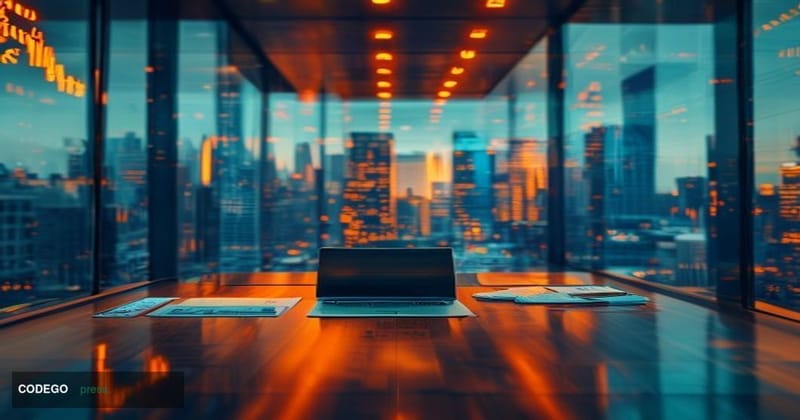 A cinematic editorial photograph of a modern financial technology lending office environment, shot from a low angle looking u
