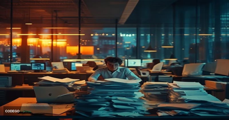 A cinematic editorial photograph set inside a modern open-plan financial services office, shot from a low angle looking up to