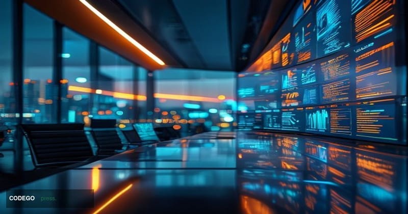 A cinematic editorial photograph taken inside a sleek, modern enterprise technology operations center, with large curved scre