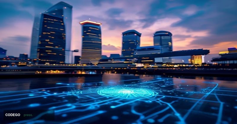 A cinematic editorial photograph of Singapore's central business district financial skyline at dusk, seen from a low-angle st