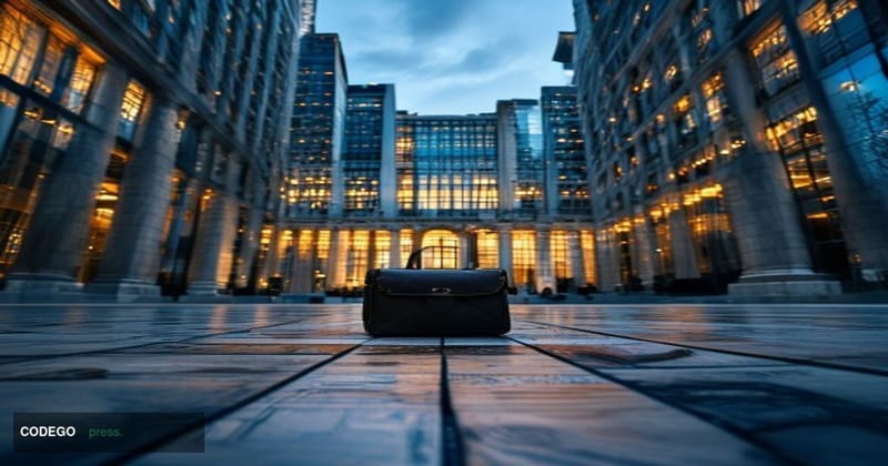 Cinematic editorial photograph of the Tokyo financial district at dusk, with the iconic Tokyo Stock Exchange building rendere