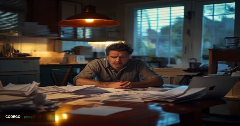 A photorealistic editorial photograph taken inside a modest American middle-class kitchen-dining room, where a stressed mid-4