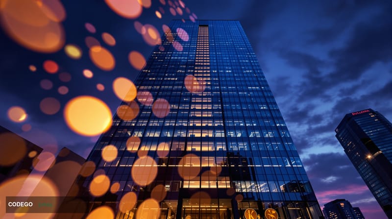 A dramatic cinematic editorial photograph of a sleek, modern bank headquarters building exterior at dusk, photographed from a