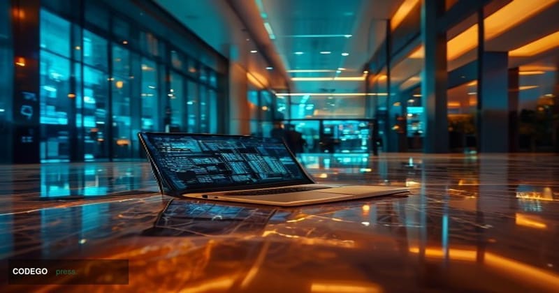 A cinematic editorial photograph set in the glass-and-steel lobby of a large professional services firm, with the imposing fa