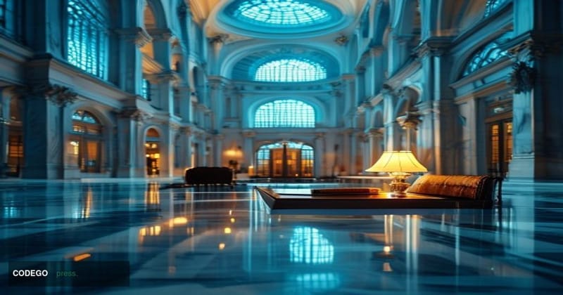 A grand, imposing European institutional building interior — modeled on the ESMA Paris headquarters at Place de la Bourse — p