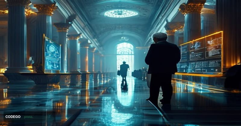 A dramatic photorealistic editorial photograph set inside a modernist European regulatory institution — marble columns, EU fl