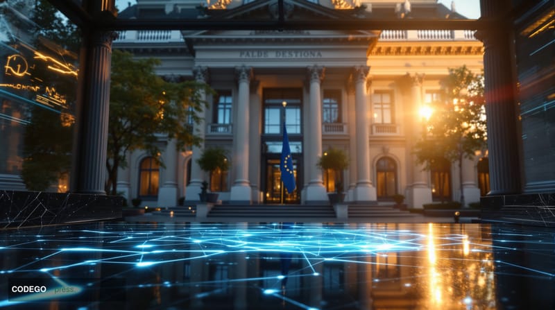 A photorealistic editorial photograph set at the European Securities and Markets Authority headquarters in Paris, France, wit