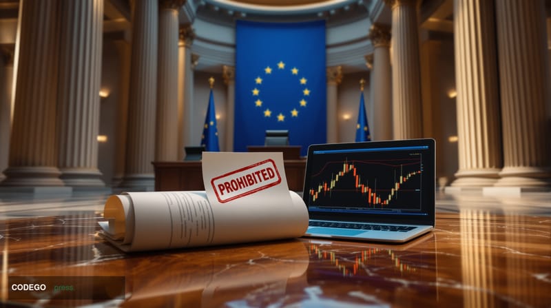 A wide-angle cinematic editorial photograph taken inside a grand European regulatory institution's marble-floored chamber, re
