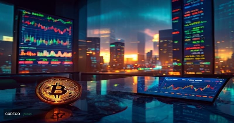 A cinematic editorial photograph of a large financial trading floor at dusk, bathed in cool blue and warm amber contrast ligh